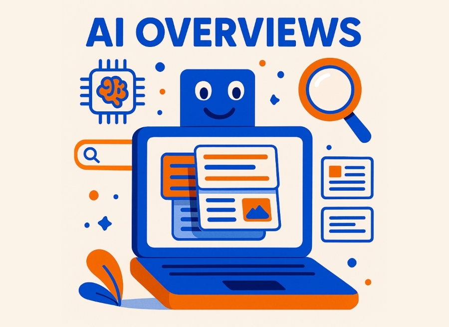 De tekst 'AI overviews' met een robot-laptop die informatie zoekt
