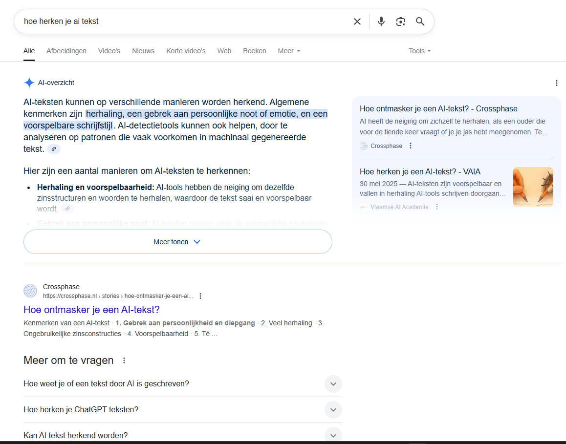 De vraag 'Hoe herken je een AI tekst' gesteld aan AI Overviews